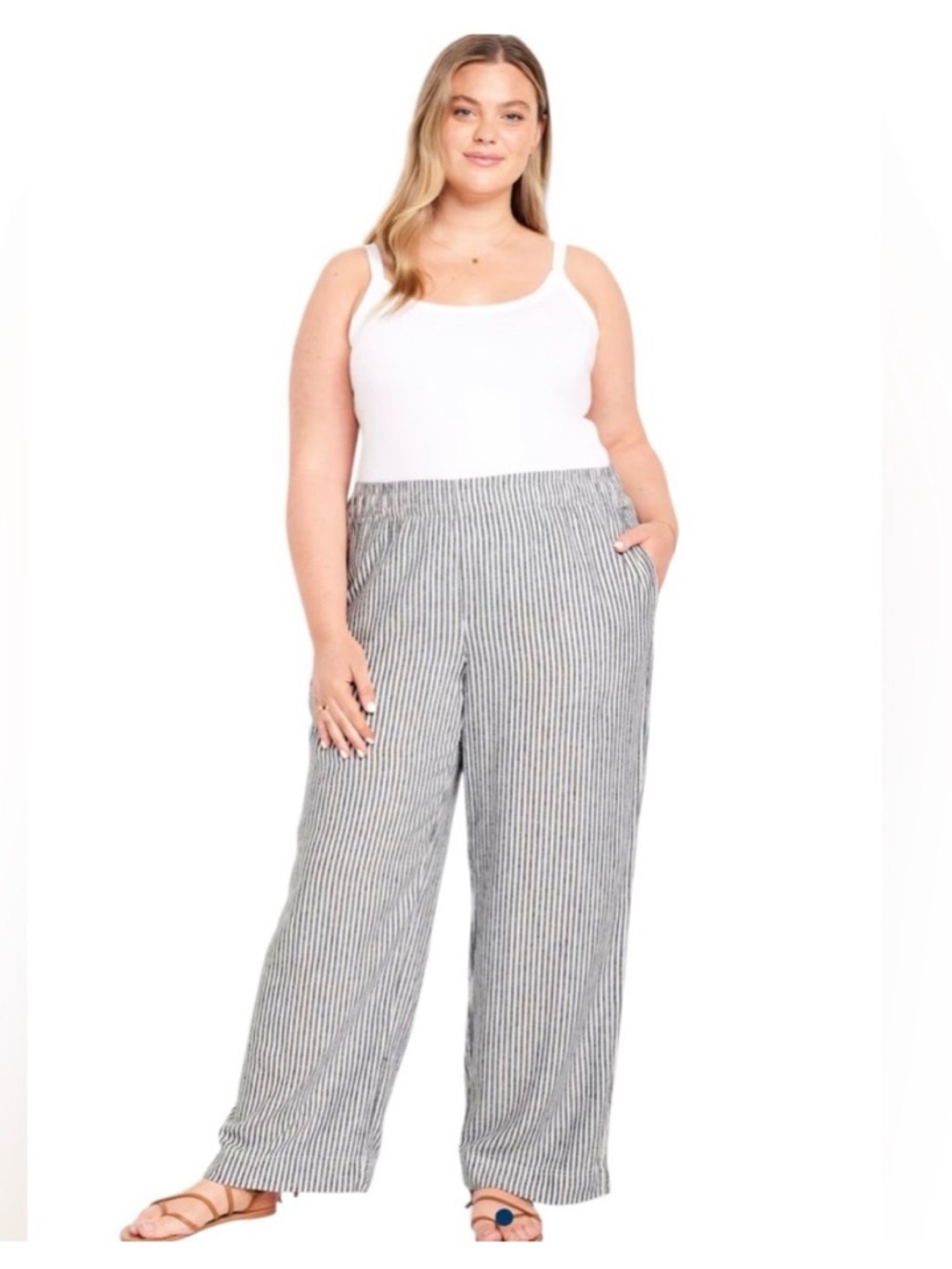 Old Navy Plus Size Striped Wide-Leg Linen Blend Pants - White/Navy
